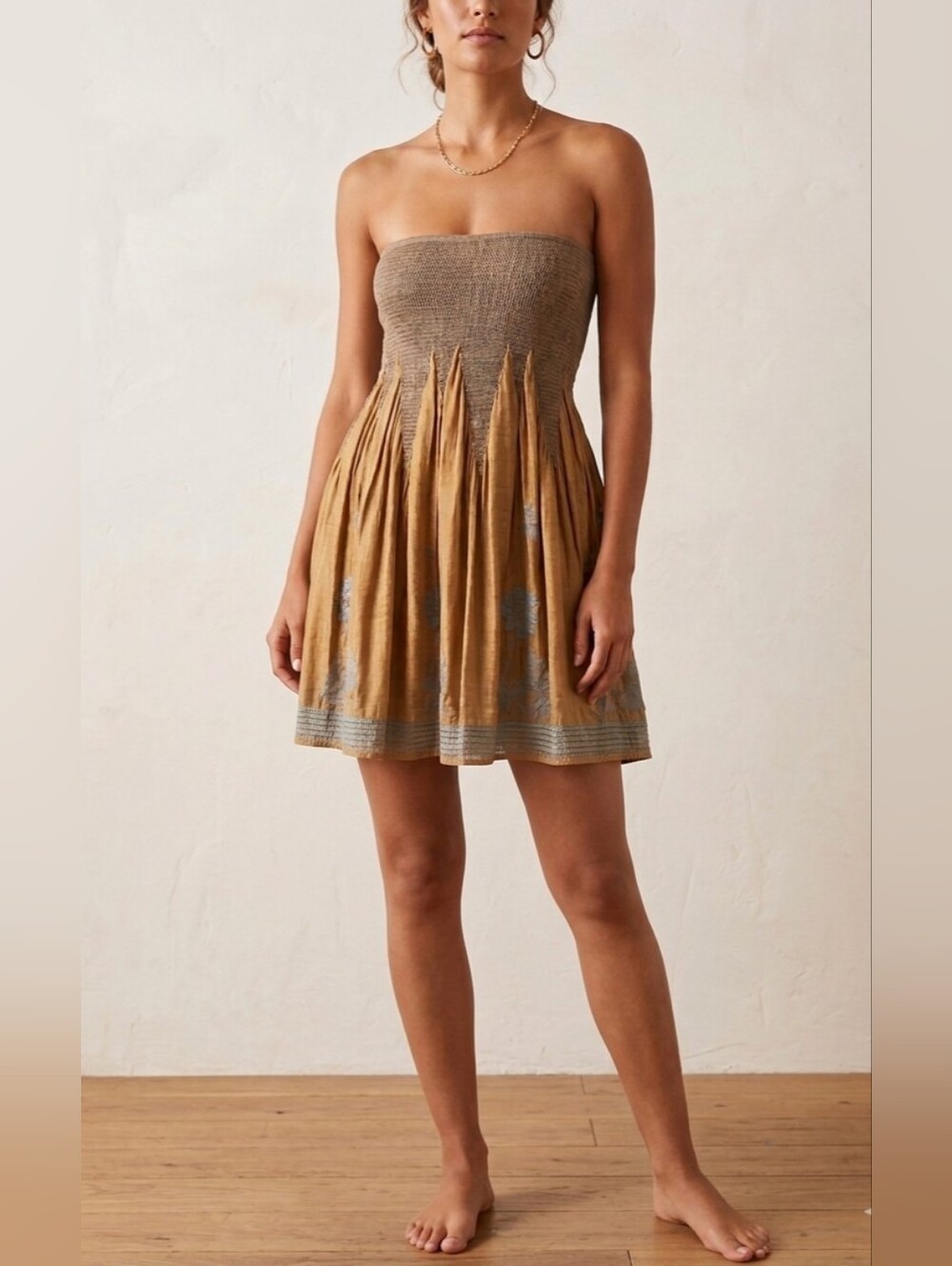 LAPIS Boho Smocked Strapless Midi Dress/Skirt Bronze Blue Floral OS